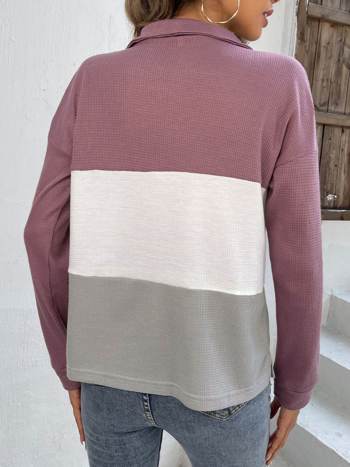 Double Take Color Block Dropped Shoulder Waffle-Knit Zipper Front Blouse - AllIn Computer