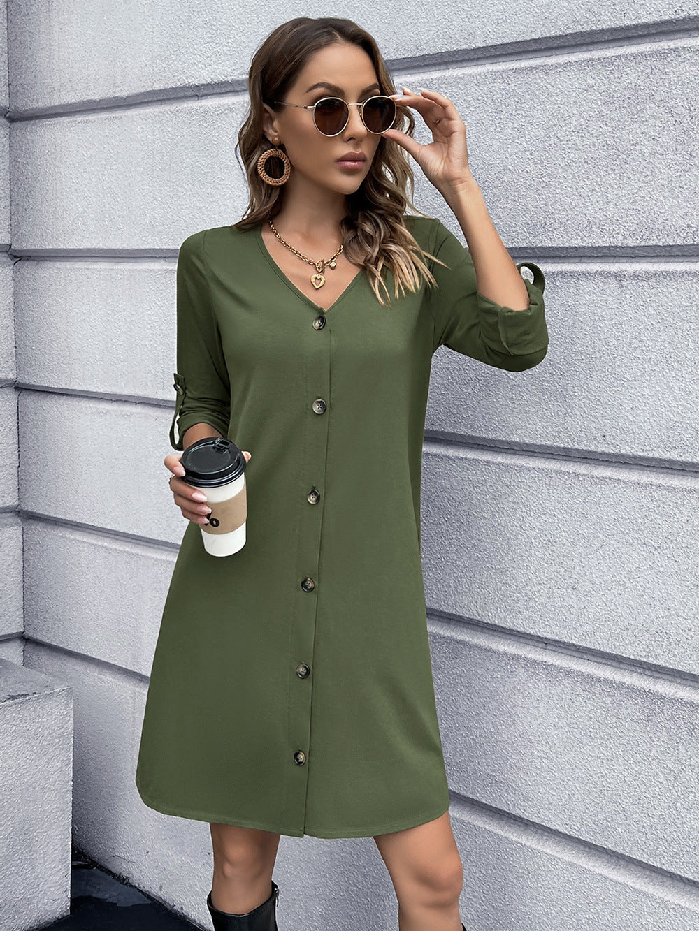 Button Down V-Neck Mini Dress - AllIn Computer