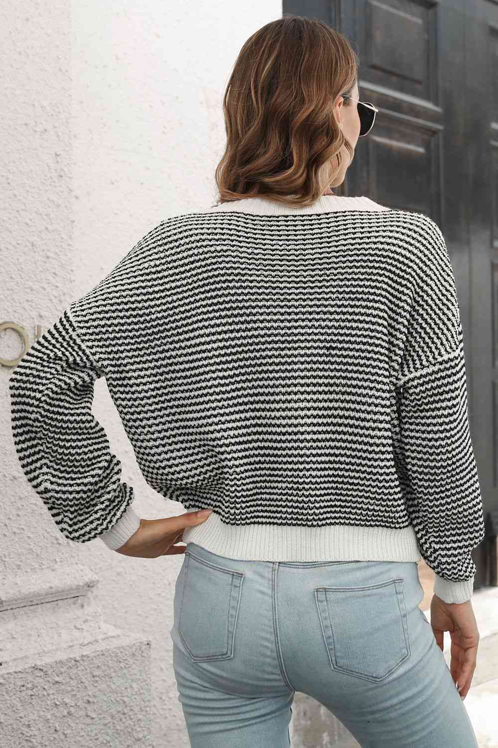 Striped Round Neck Dropped Shoulder Sweater - AllIn Computer