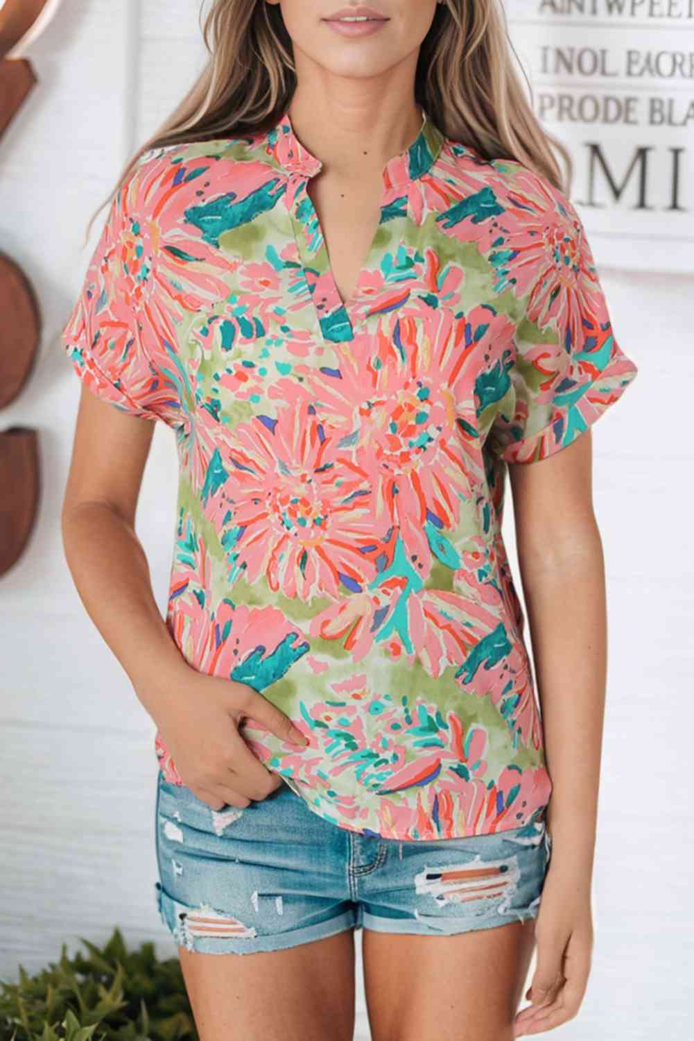 Floral Notched Neck Short Sleeve Top - AllIn Computer