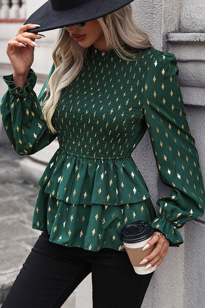 Smocked Flounce Sleeve Layered Blouse - AllIn Computer