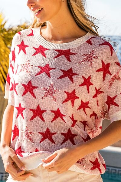 BiBi Star Pattern Round Neck Short Sleeve Knit Top - AllIn Computer