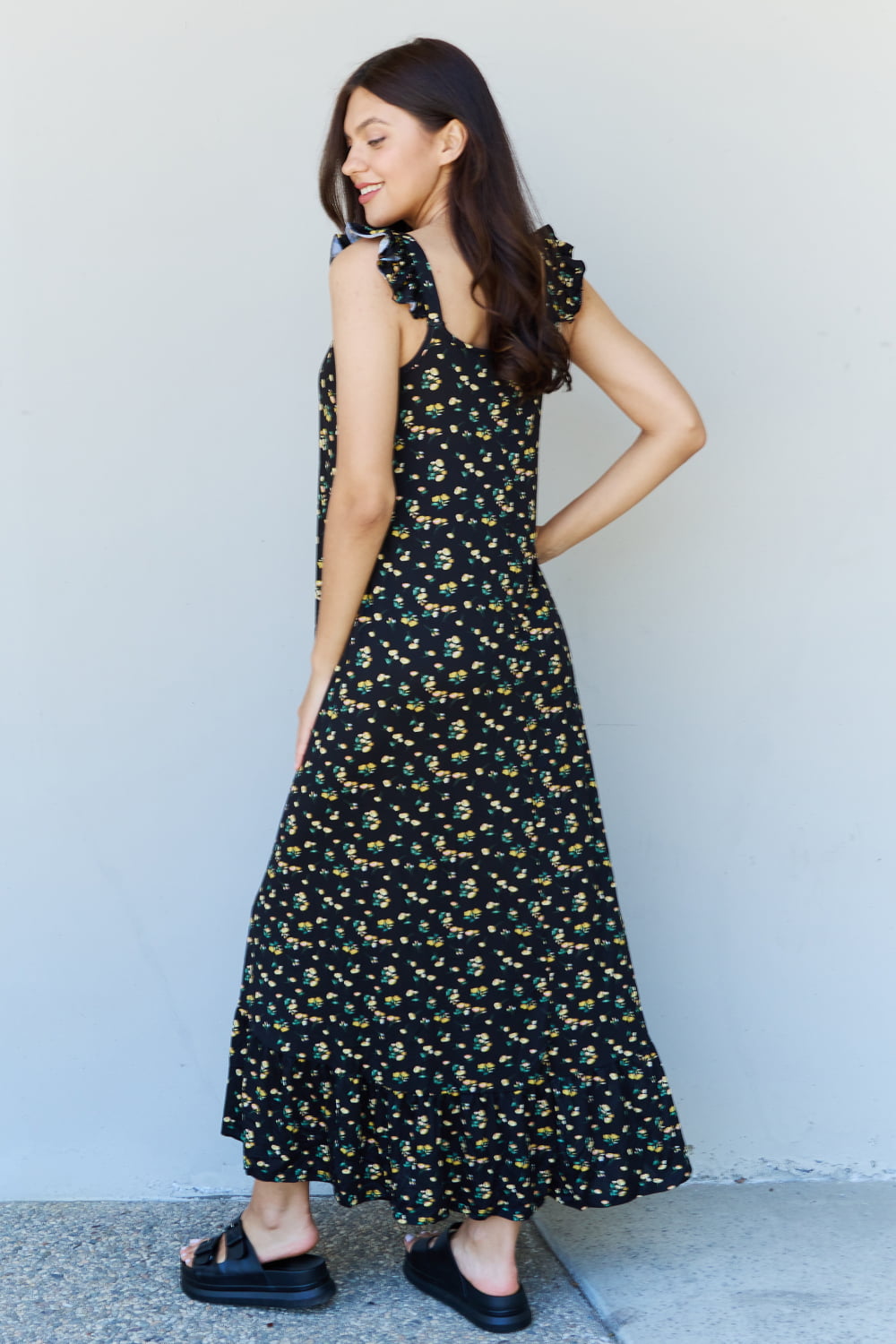 Doublju In The Garden Ruffle Floral Maxi Dress in Black Yellow Floral - AllIn Computer