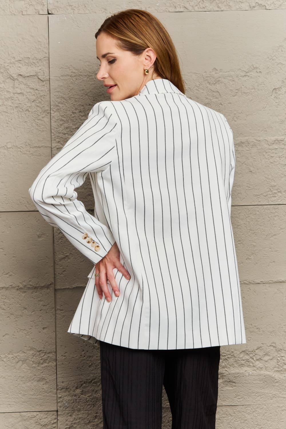 Striped Lapel Collar Long Sleeve Blazer - AllIn Computer