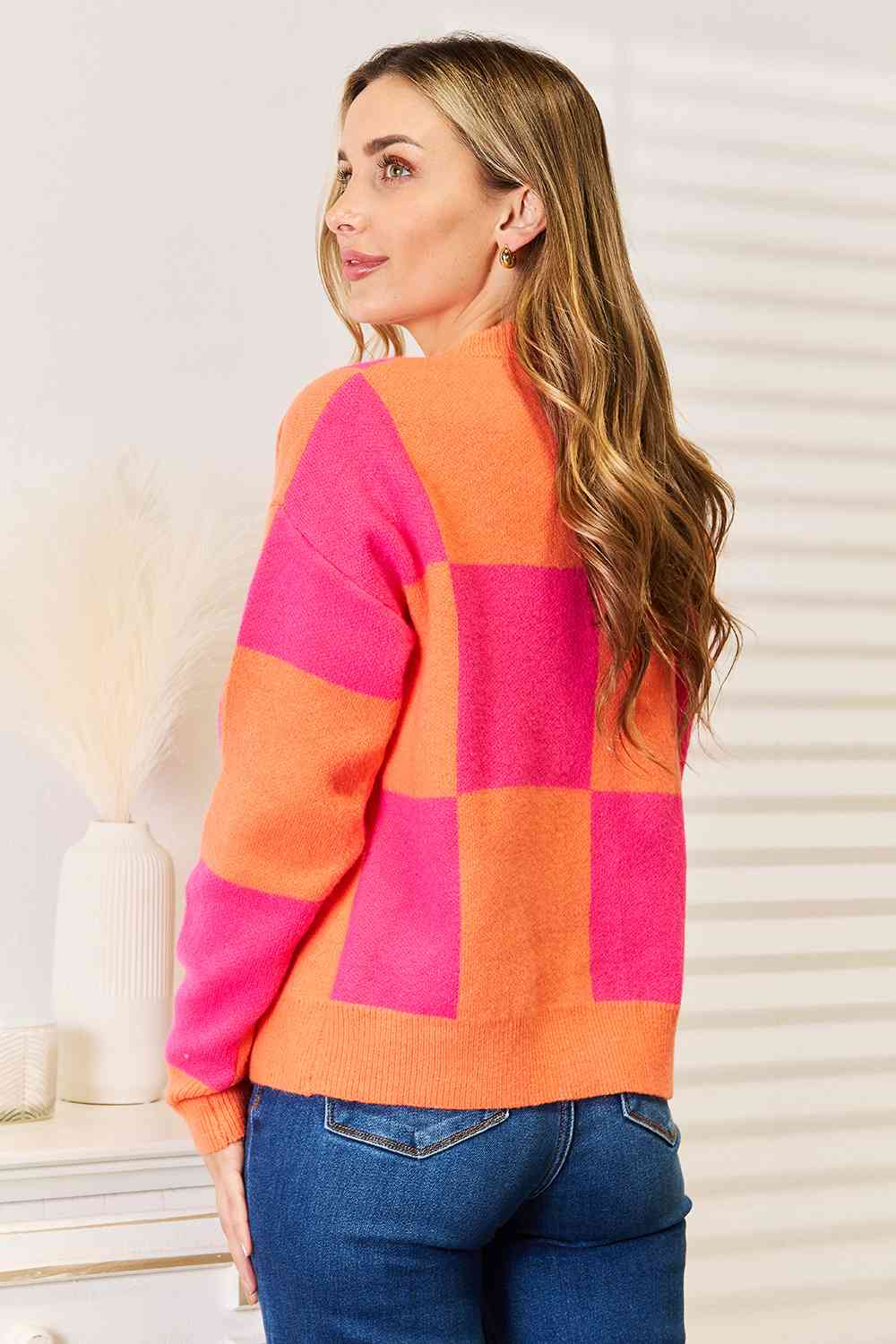 Woven Right Checkered V-Neck Dropped Shoulder Cardigan - AllIn Computer