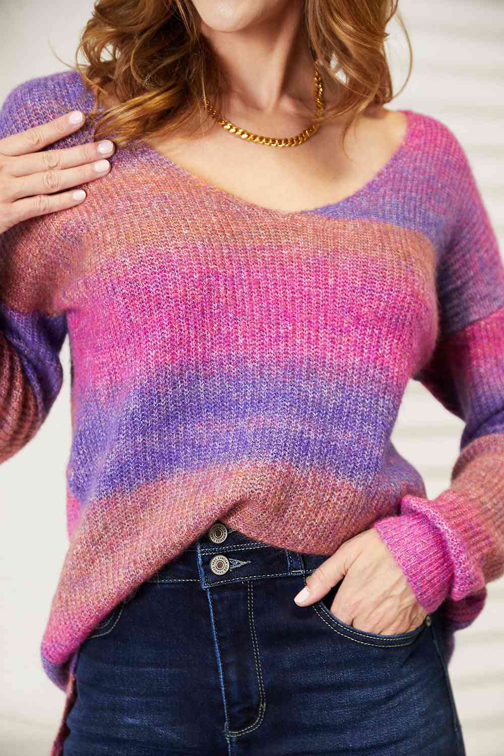 Double Take Multi-Colored Rib-Knit V-Neck Knit Pullover - AllIn Computer