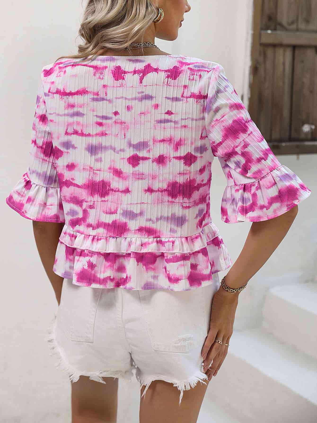 Tie-Dye V-Neck Peplum Top - AllIn Computer