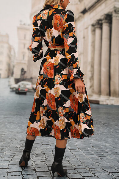 Printed Half Button Tie-Waist Pleated Dress - AllIn Computer