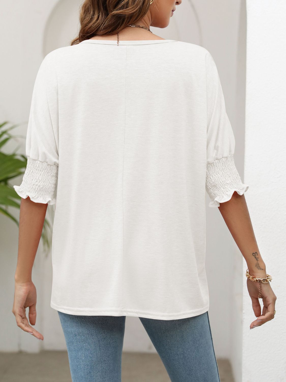 Smocked Flounce Sleeve Round Neck T-Shirt - AllIn Computer