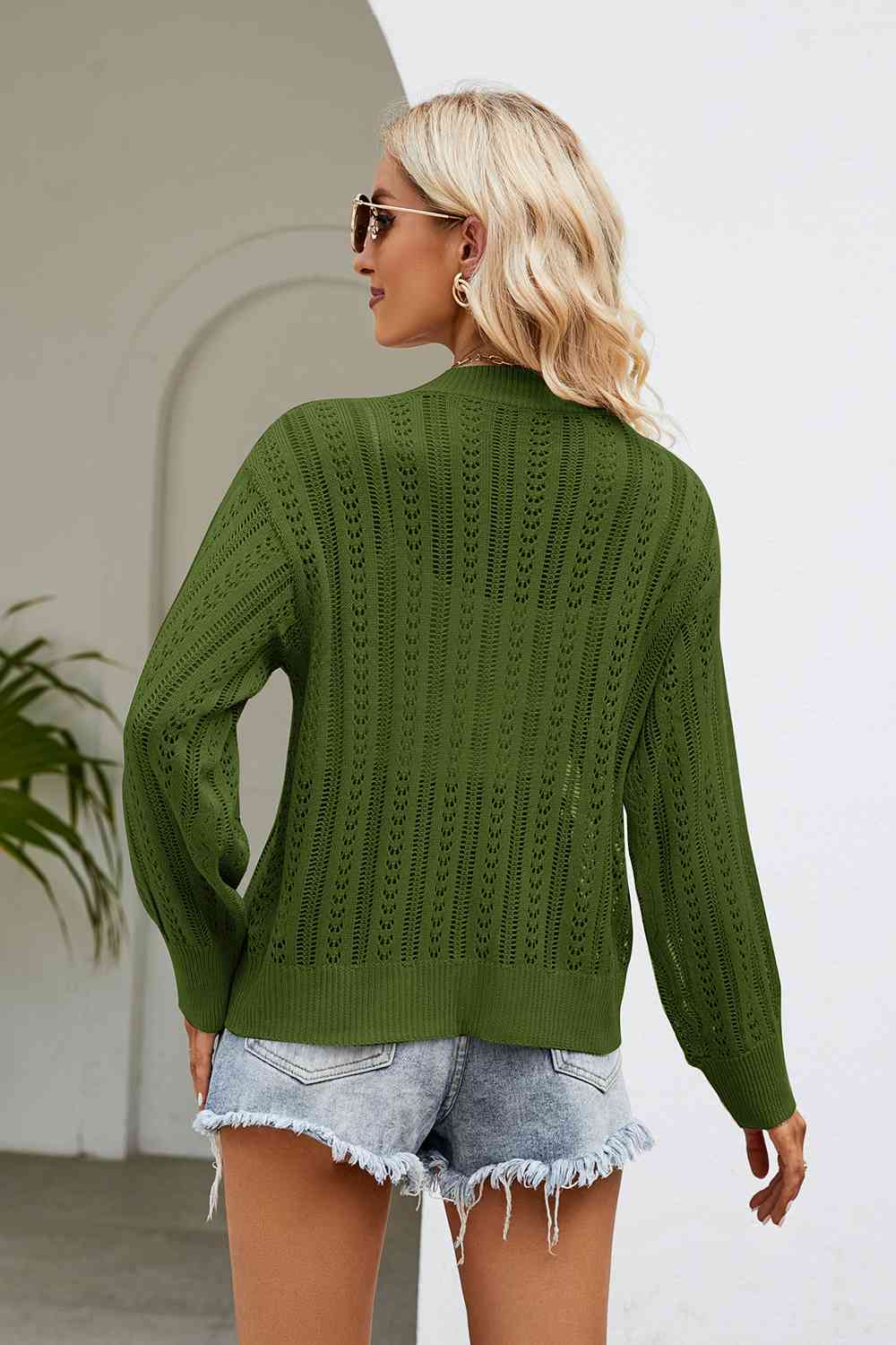 Openwork Button Front V-Neck Cardigan - AllIn Computer
