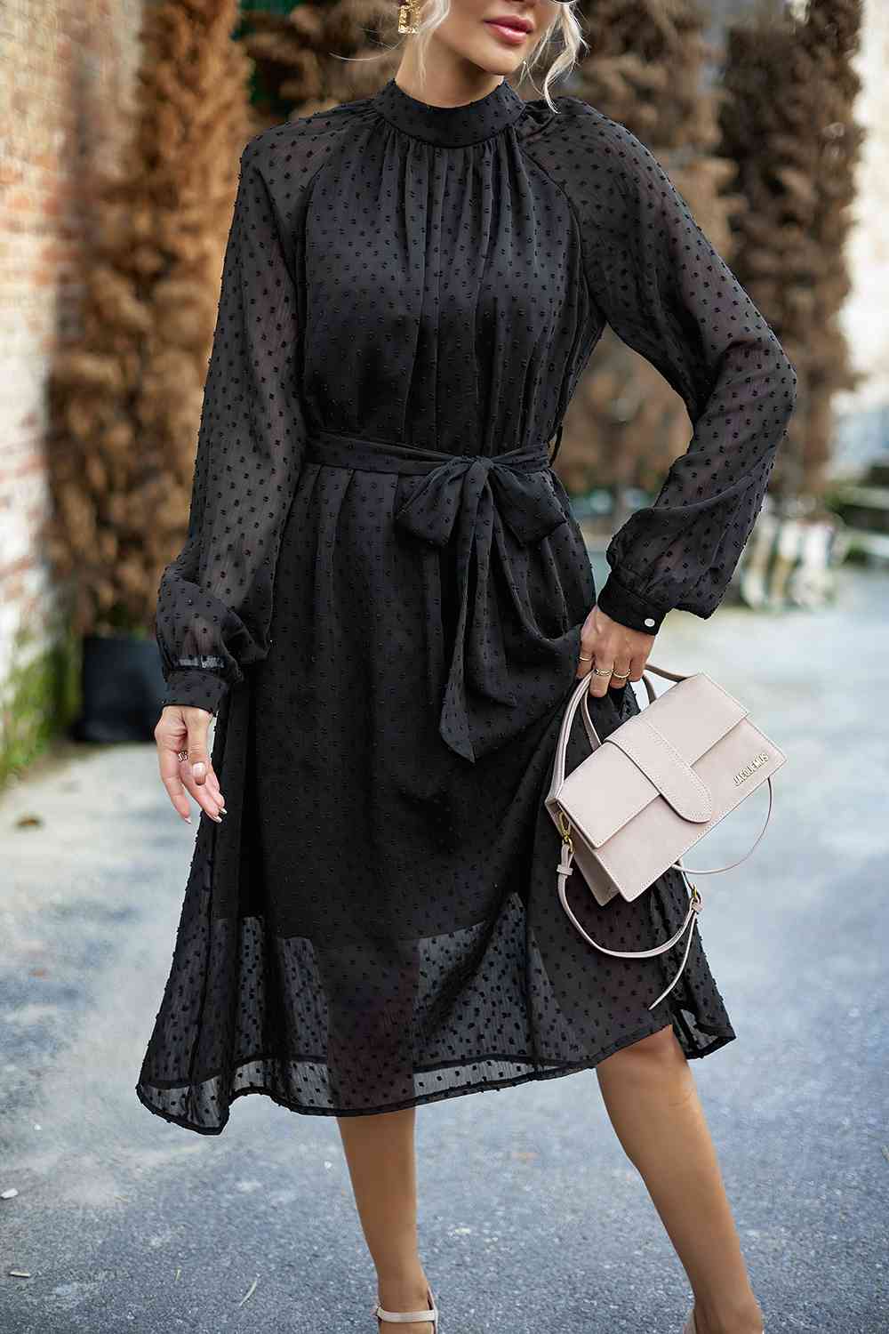 Swiss Dot Tie Waist Dress - AllIn Computer