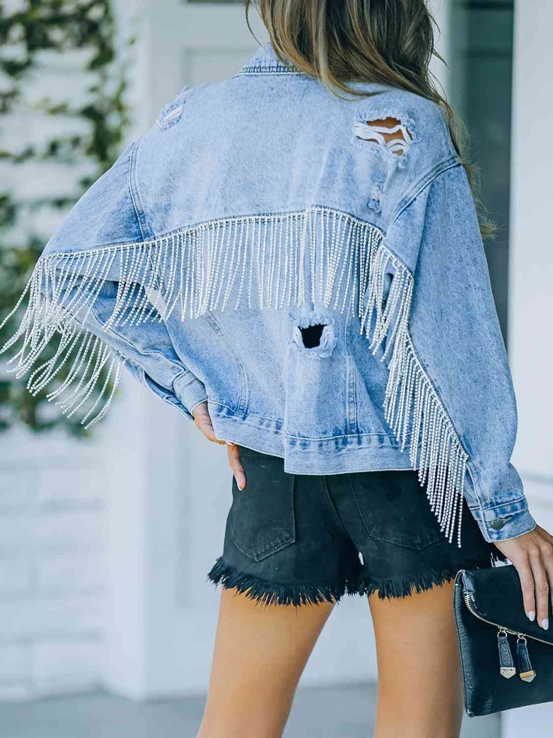 Distressed Fringe Denim Jacket - AllIn Computer