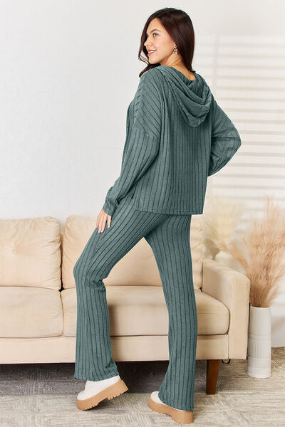 Basic Bae Full Size Ribbed Drawstring Hood Top and Straight Pants Set - AllIn Computer