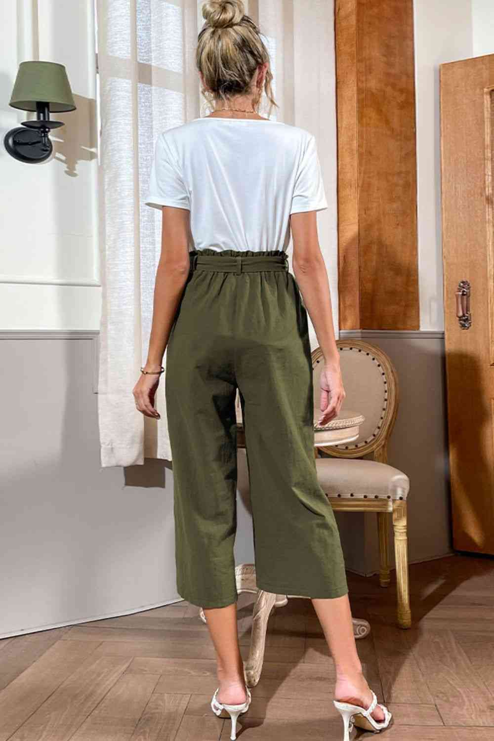 Round Neck Short Sleeve Top and Belted Pants Set - AllIn Computer
