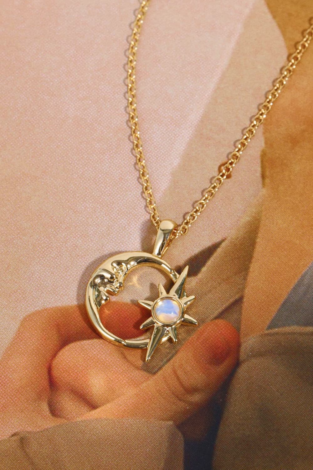Copper 14K Gold Pleated Moon & Star Shape Pendant Necklace - AllIn Computer