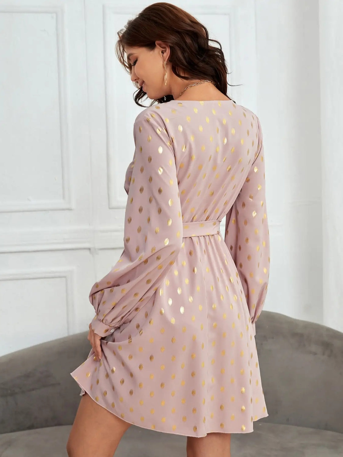 Tied Printed Surplice Long Sleeve Dress - AllIn Computer