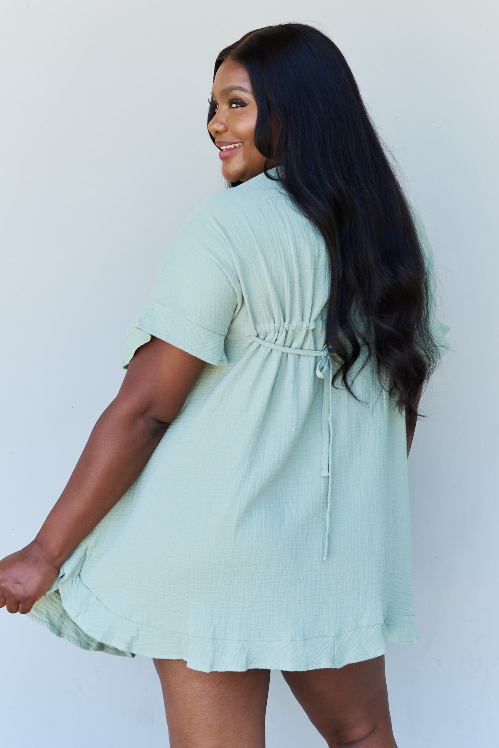 Ninexis Out Of Time Full Size Ruffle Hem Dress with Drawstring Waistband in Light Sage - AllIn Computer