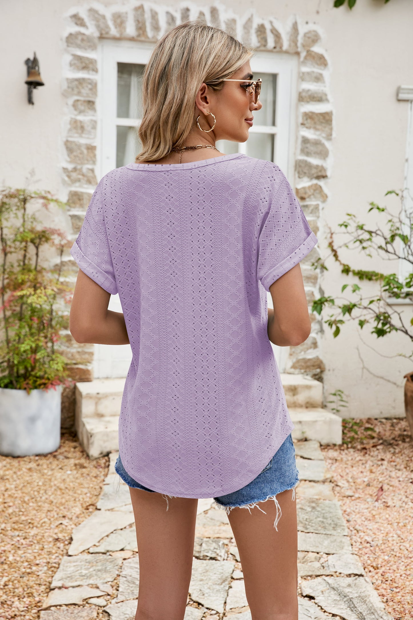 Full Size Round Neck Eyelet Short Sleeve Top - AllIn Computer
