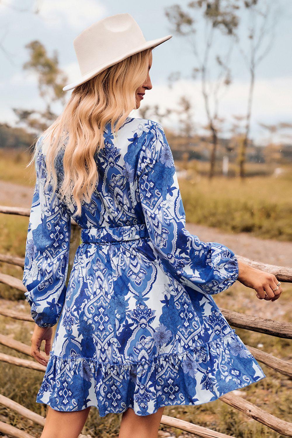 Printed Surplice Neck Long Sleeve Dress - AllIn Computer