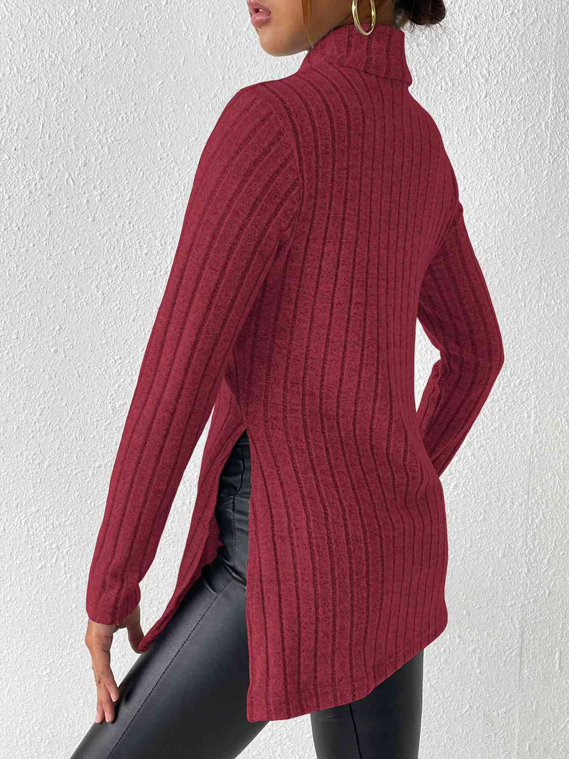 Ribbed Turtleneck Long Sleeve Slit T-Shirt - AllIn Computer