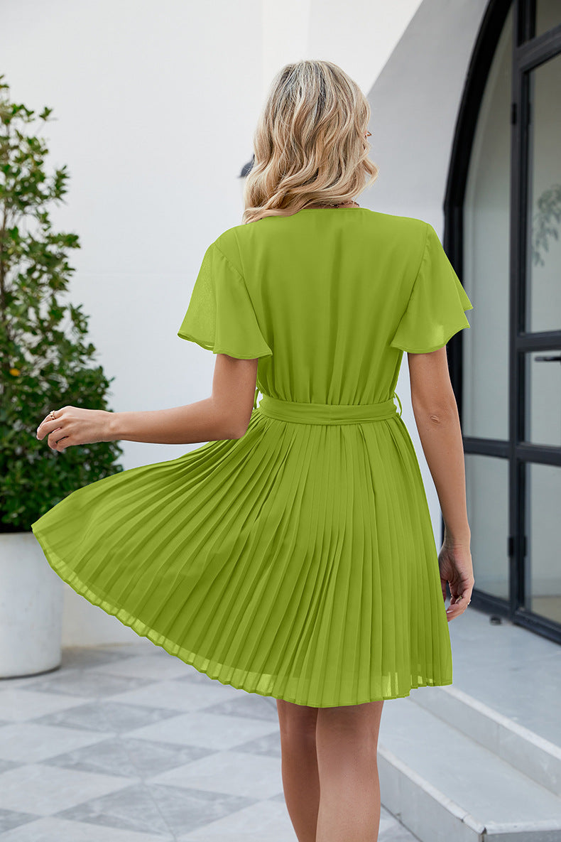 Surplice Neck Tie Waist Flutter Sleeve Pleated Dress - AllIn Computer