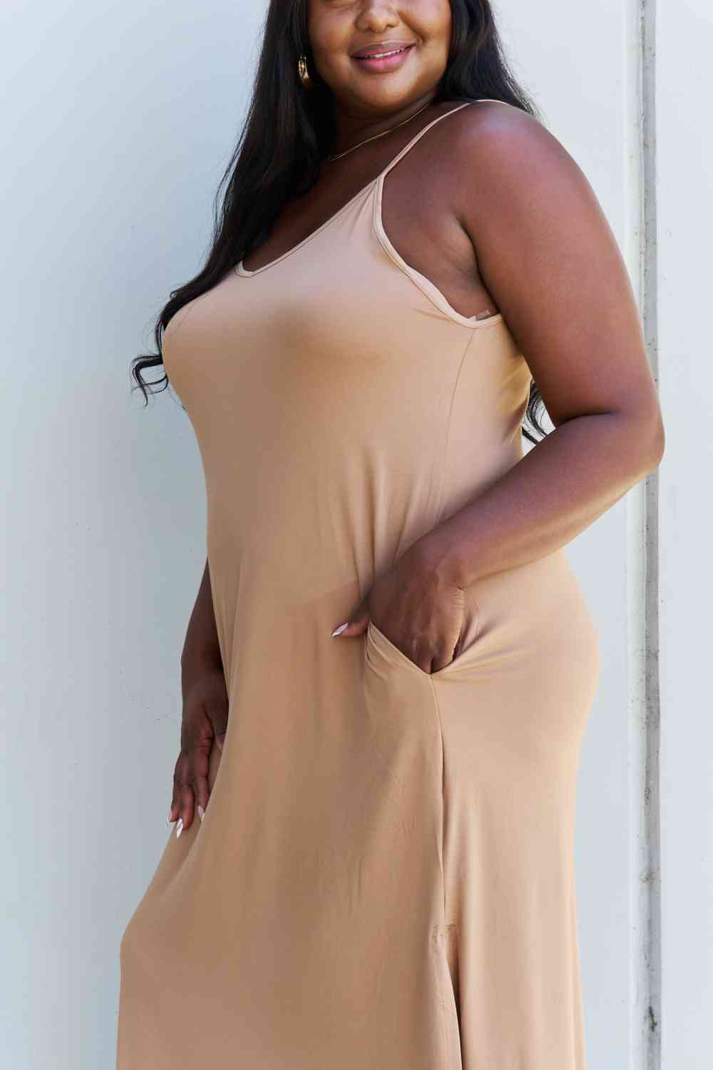 Ninexis Good Energy Full Size Cami Side Slit Maxi Dress in Camel - AllIn Computer