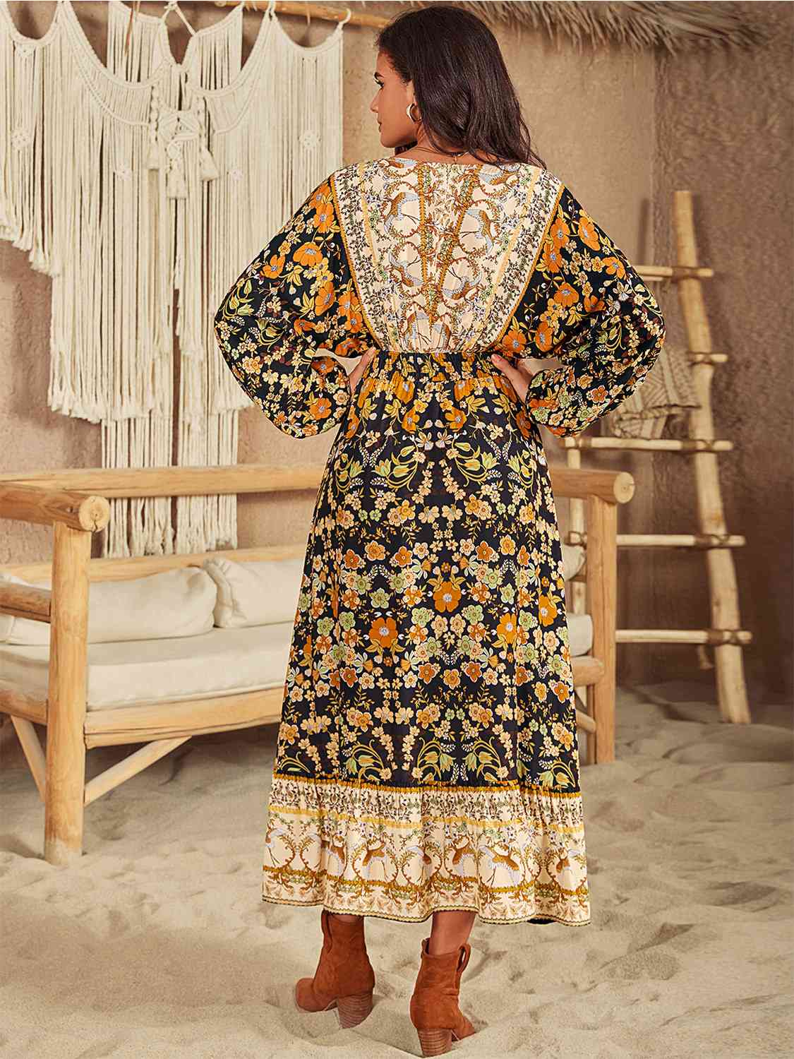 V-Neck Smocked Balloon Sleeve Dress - AllIn Computer