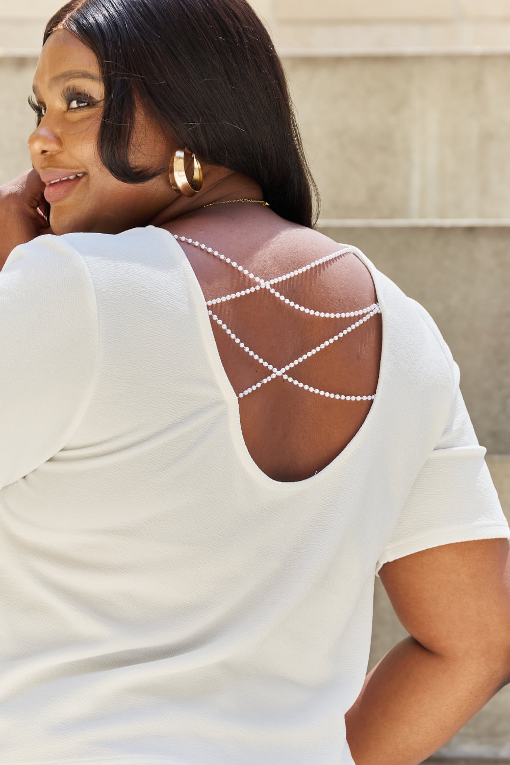 And The Why Pearly White Full Size Criss Cross Pearl Detail Open Back T-Shirt - AllIn Computer