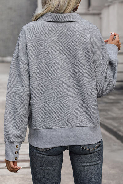 Textured Dropped Shoulder Johnny Collar Sweatshirt - AllIn Computer
