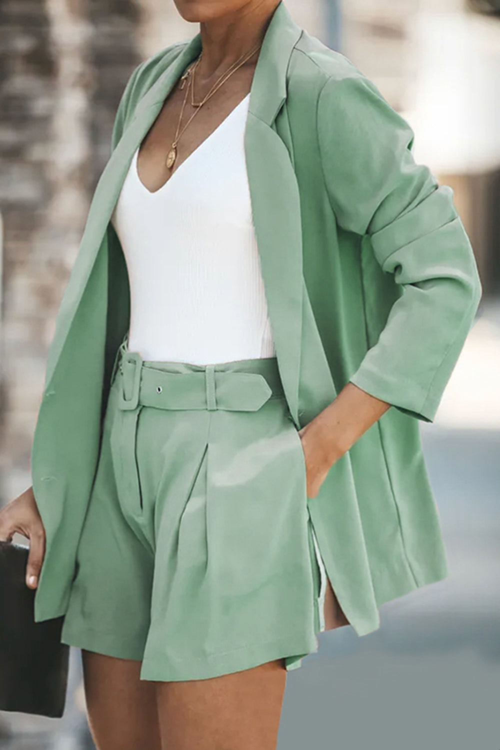 Longline Blazer and Shorts Set with Pockets - AllIn Computer