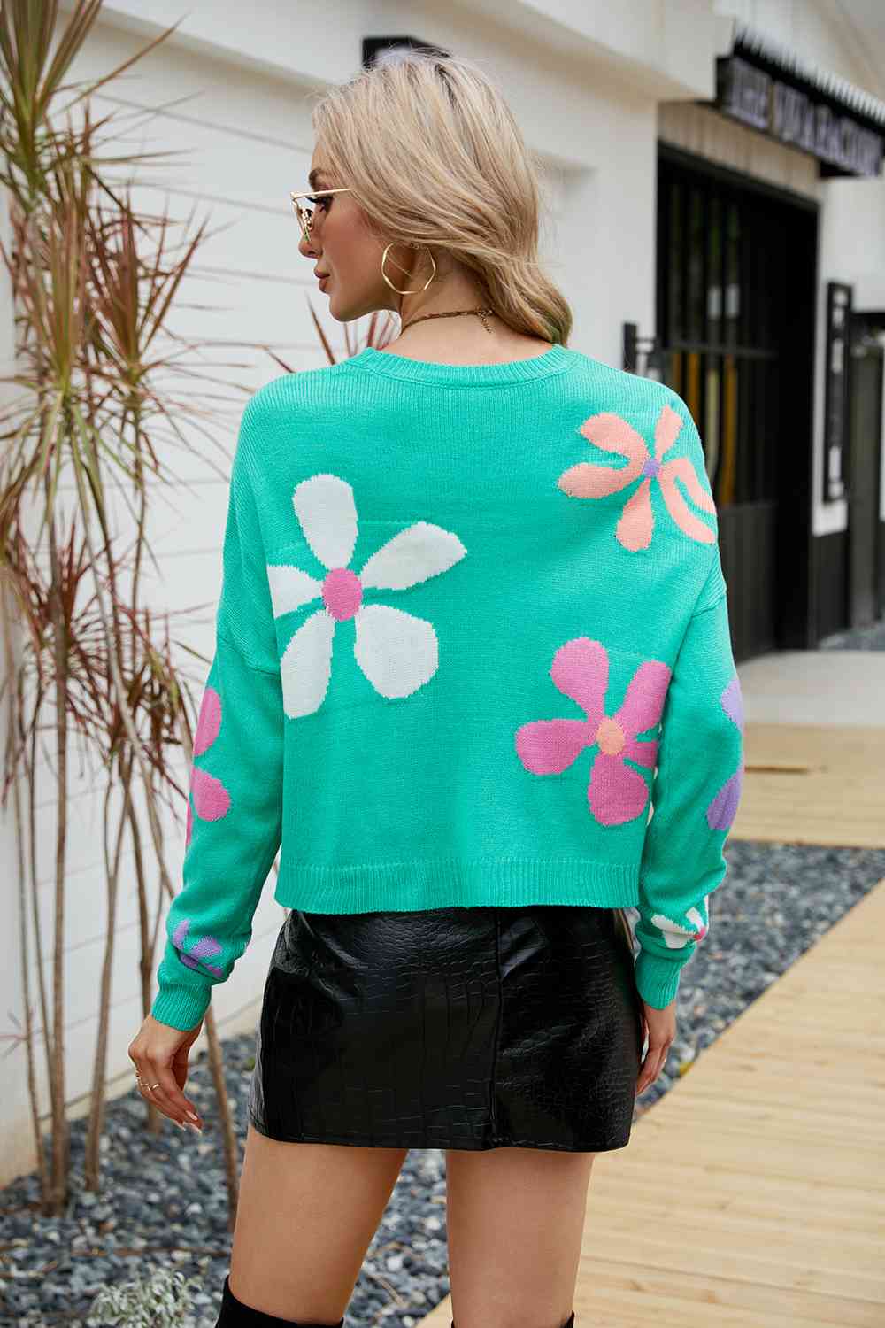 Flower Round Neck Drop Shoulder Sweater - AllIn Computer