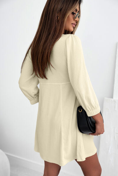 Ribbed Round Neck Balloon Sleeve Mini Dress - AllIn Computer