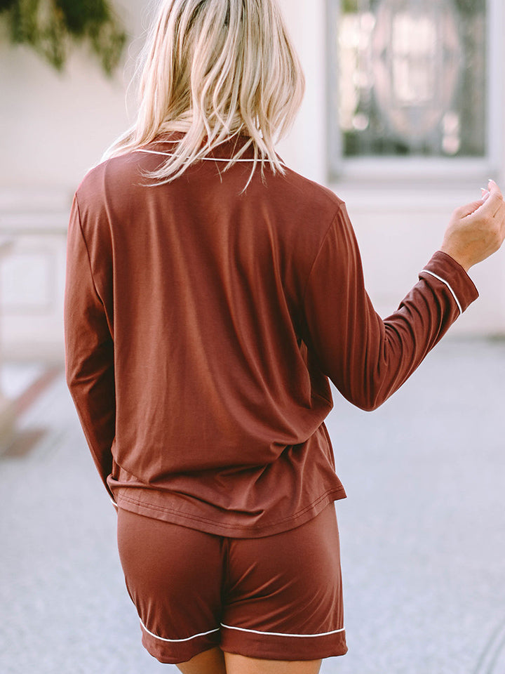 Lapel Collar Long Sleeve Buttoned Top and Shorts Lounge Set - AllIn Computer
