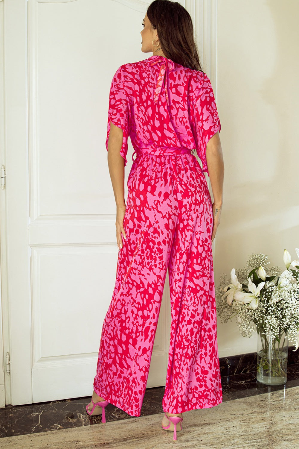 Printed Mock Neck Kimono Sleeve Jumpsuit - AllIn Computer