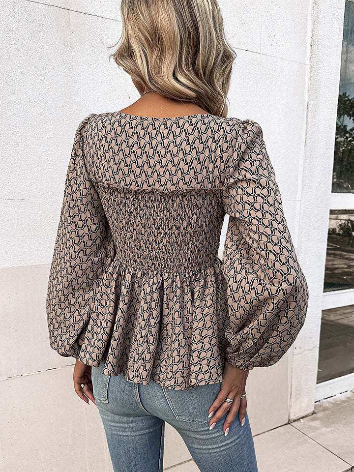 Printed Square Neck Long Sleeve Blouse - AllIn Computer