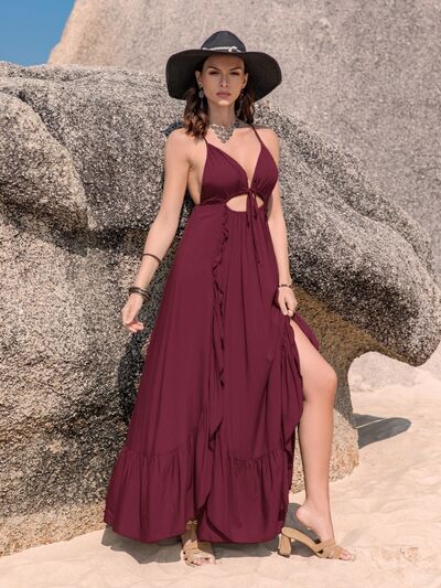 Crisscross Back Drawstring Ruffle Trim Maxi Dress - AllIn Computer