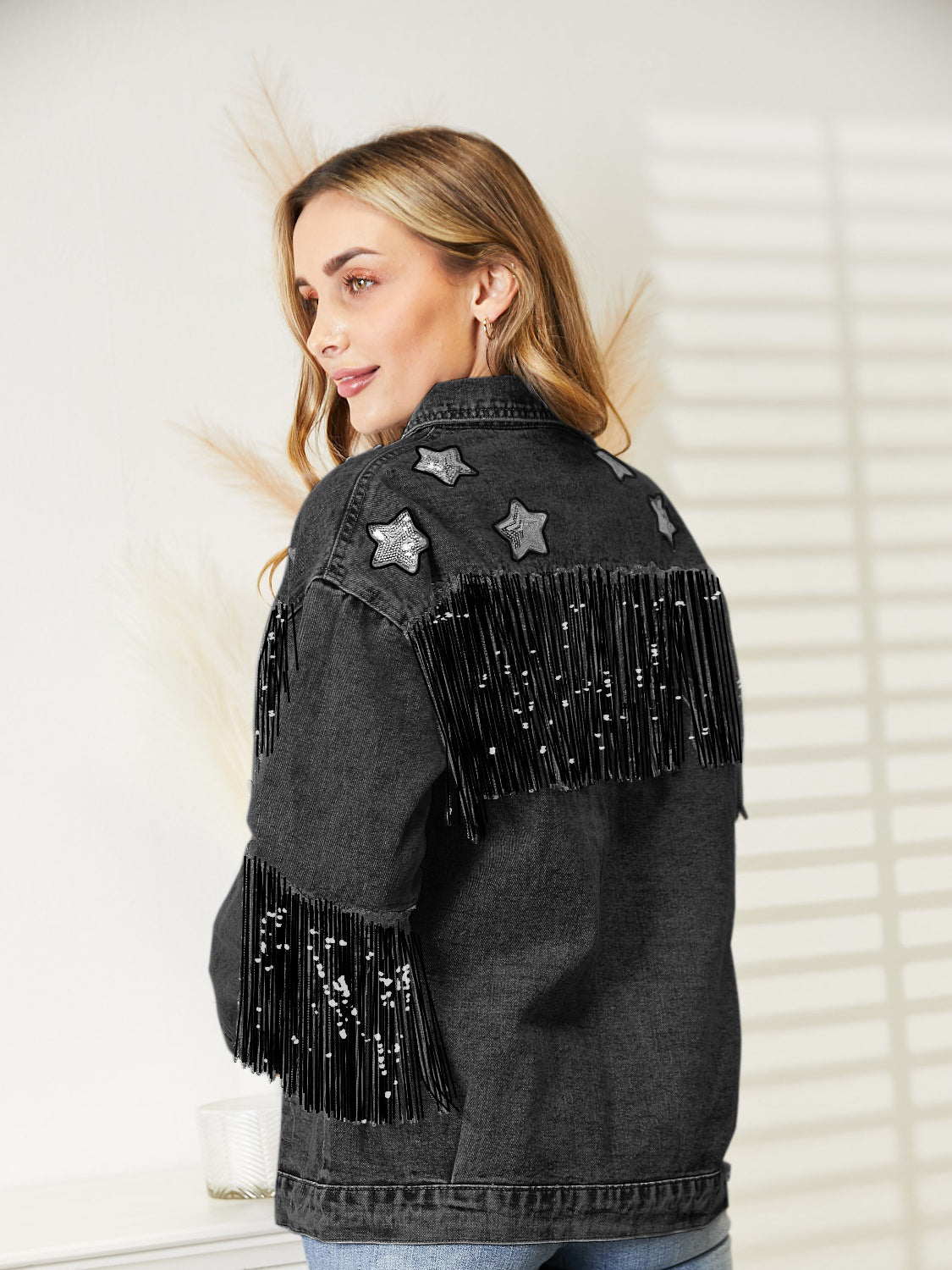 Fringe Detail Long Sleeve Denim Jacket - AllIn Computer