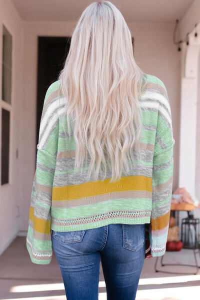 Striped Dropped Shoulder Flare Sleeve Sweater - AllIn Computer