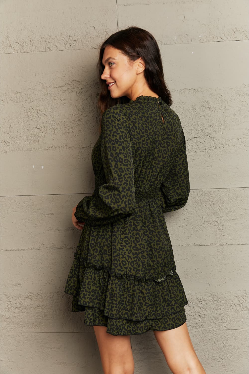 Leopard Smock Waist Long Sleeve Dress - AllIn Computer