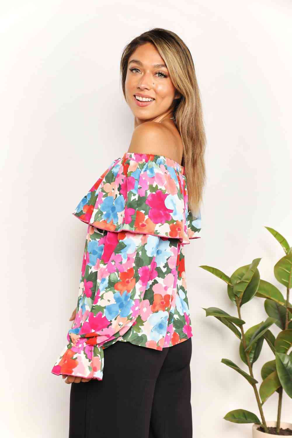 Double Take Floral Off-Shoulder Flounce Sleeve Layered Blouse - AllIn Computer
