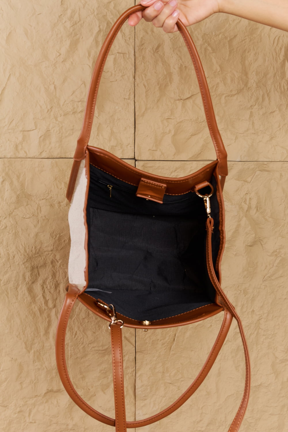 Fame Beach Chic Faux Leather Trim Tote Bag in Ochre - AllIn Computer