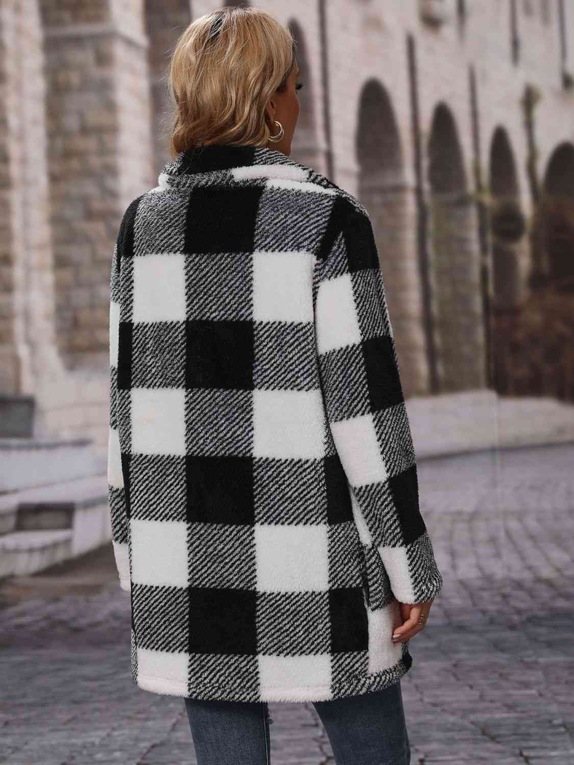 Plaid Collared Neck Coat with Pockets - AllIn Computer