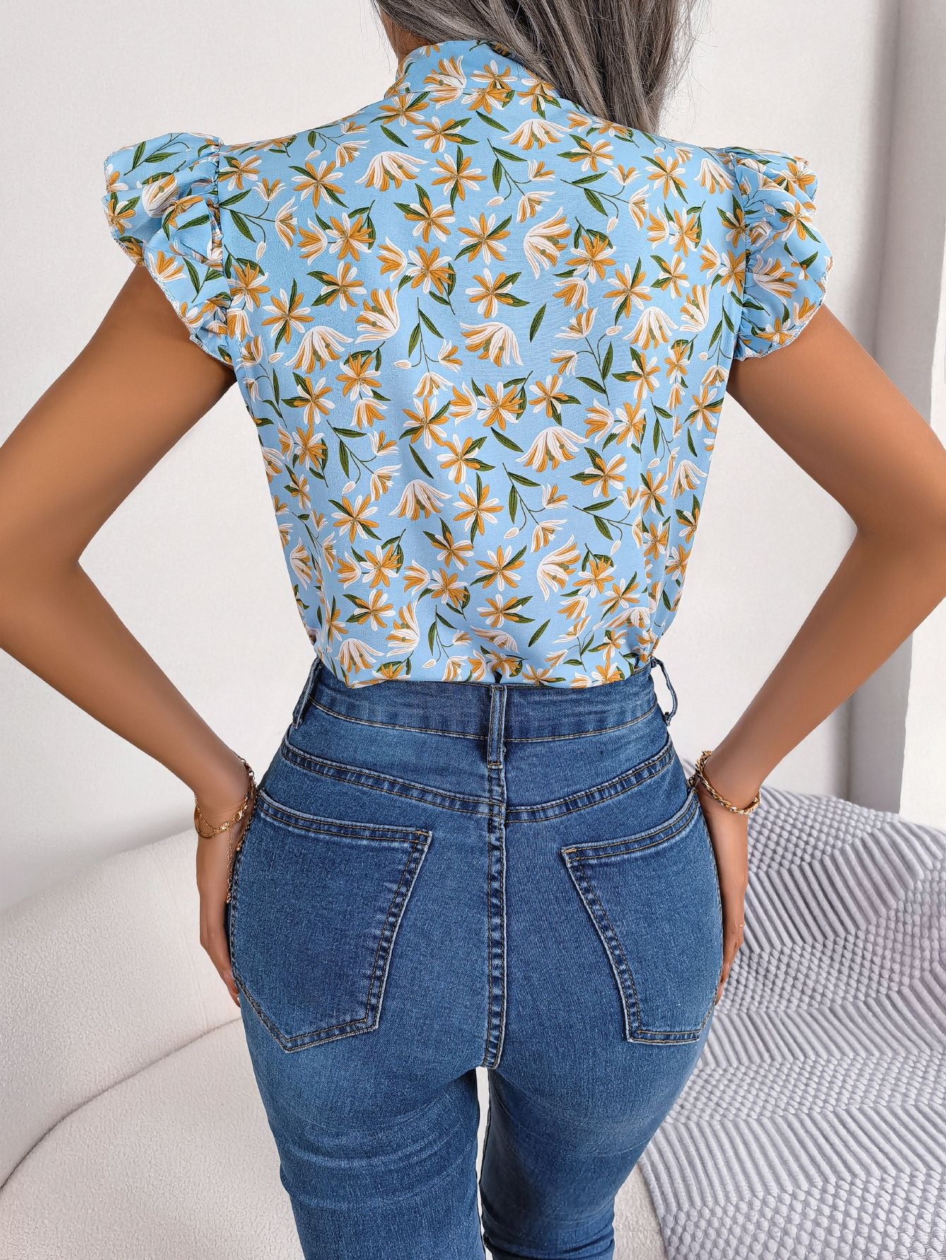 Floral Tie Neck Flutter Sleeve Blouse - AllIn Computer