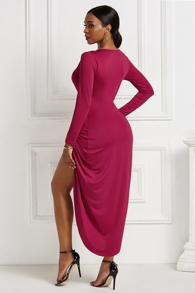 High-low Ruched Surplice Long Sleeve Dress - AllIn Computer
