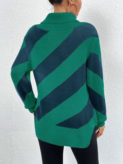 Striped Turtleneck Dropped Shoulder Sweater - AllIn Computer