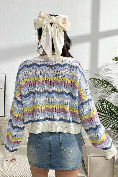 Striped Openwork Dropped Shoulder Sweater - AllIn Computer