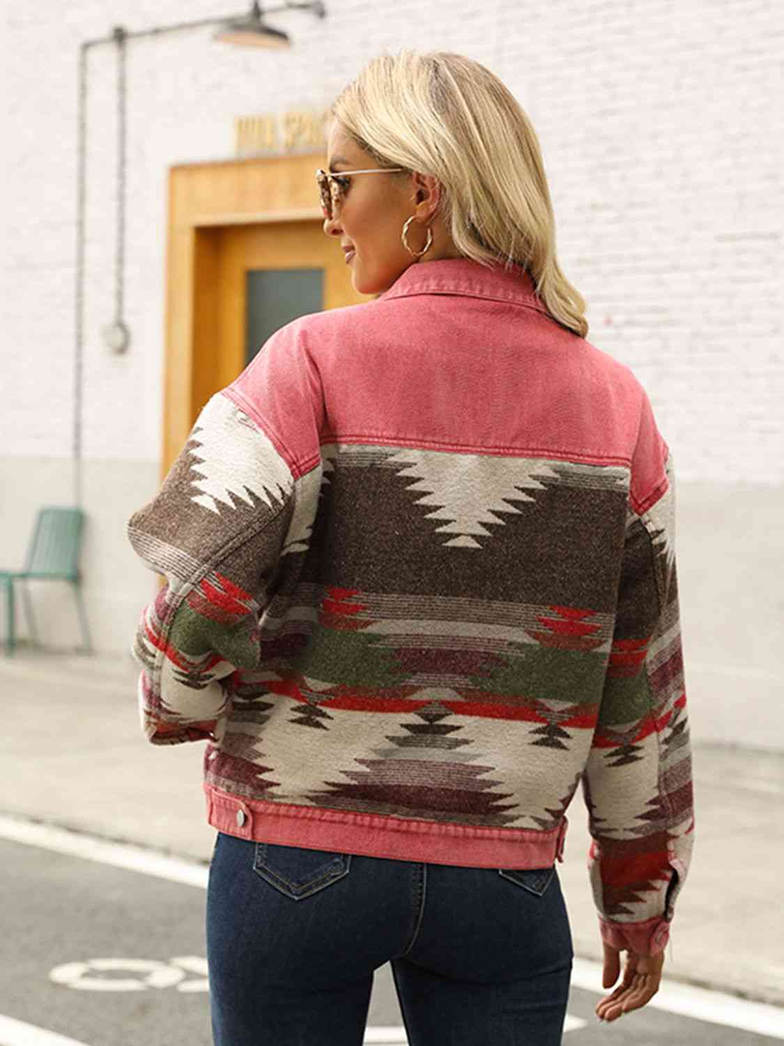 Printed Dropped Shoulder Long Sleeve Denim Jacket - AllIn Computer