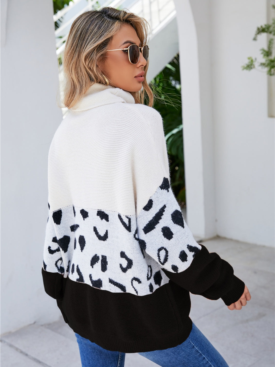 Leopard Color Block Turtleneck Sweater - AllIn Computer
