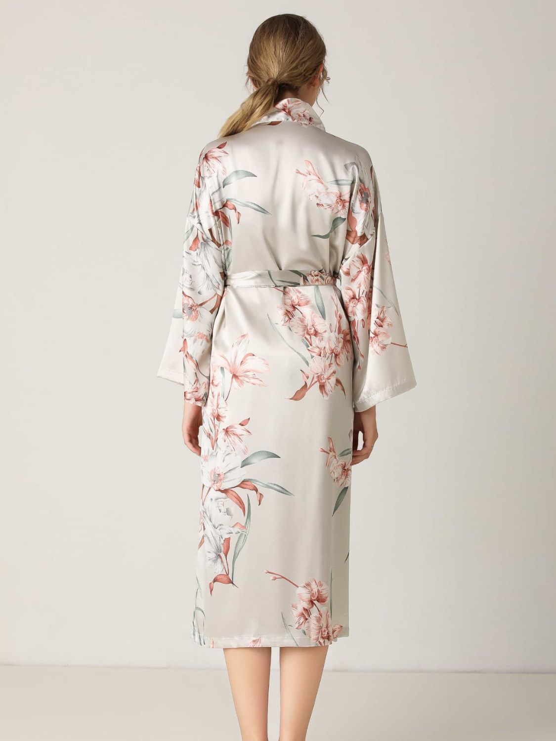 Floral Tie Waist Long Sleeve Robe - AllIn Computer