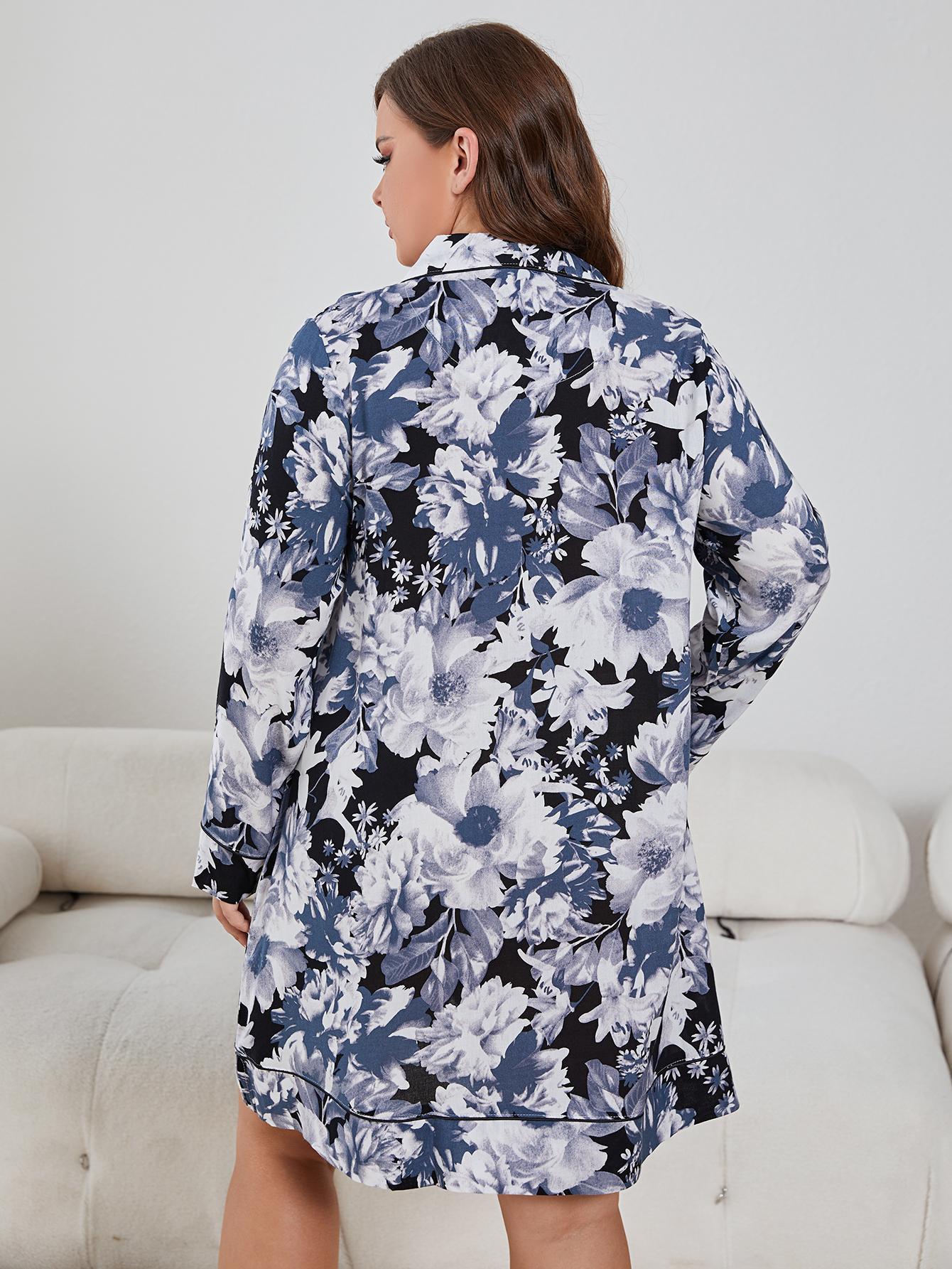 Plus Size Floral Lapel Collar Long Sleeve Night Dress - AllIn Computer